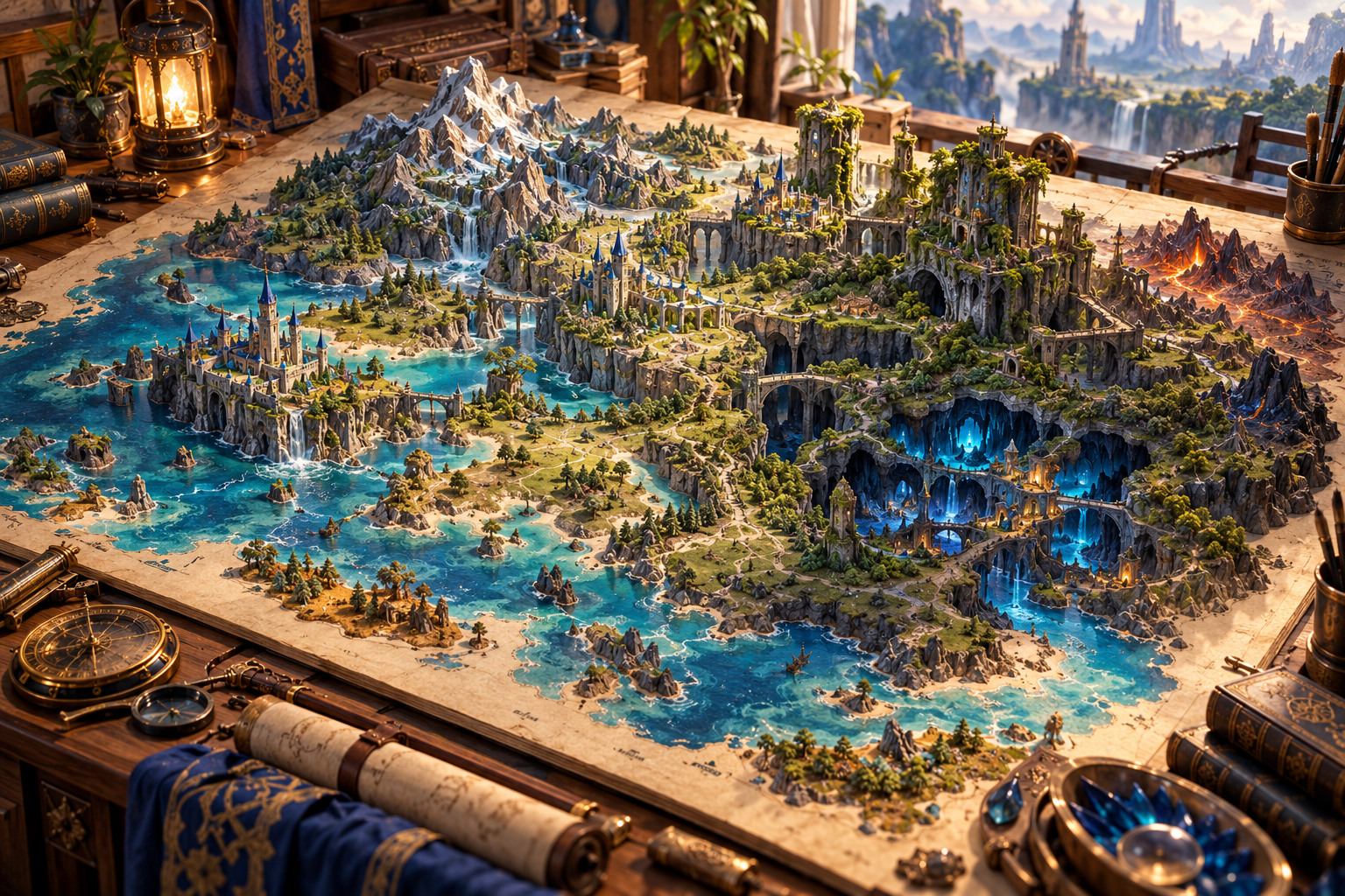 Diorama peta fantasi dengan gua dan menara