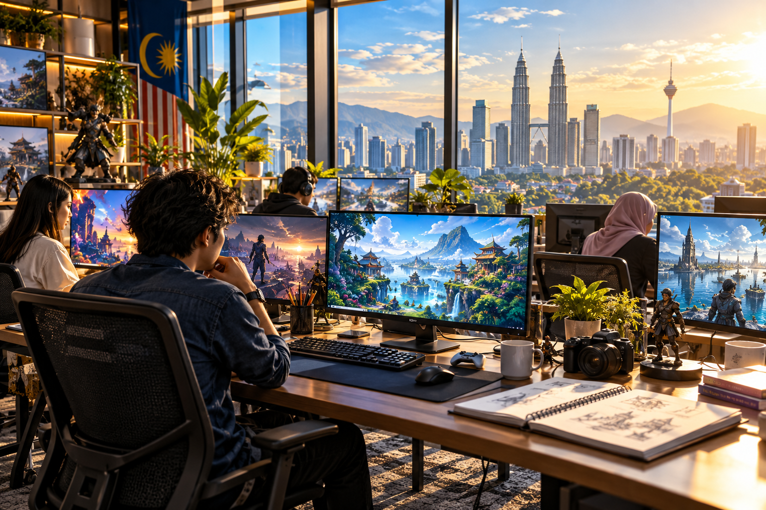 Meja editorial permainan dengan monitor dan buku nota